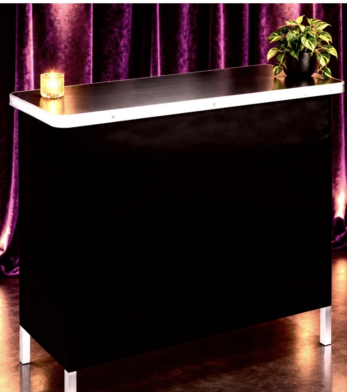 Nightlife portable bar against purple velvet curtains